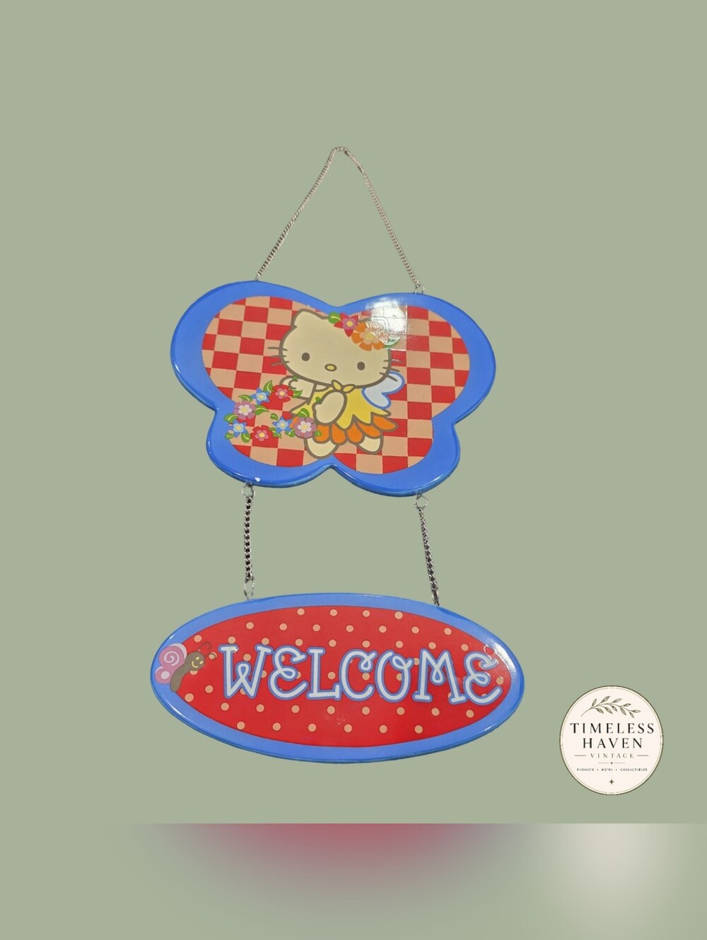 Vintage Hello Kitty Garden Ceramic Sign 2006 Blue And Red Wings And Flowers‎